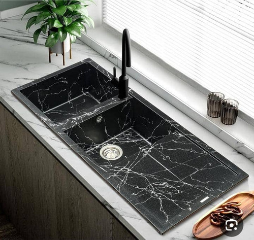 سینک گرانیتی لوکساو مدل مشکی مرمری سایز 115×50 دو لگنه توکار همراه با سیفون درجه یک
