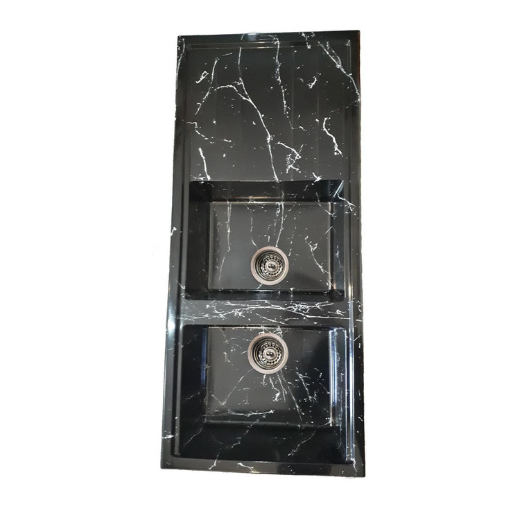 سینک گرانیتی لوکساو مدل مشکی مرمری سایز 115×50 دو لگنه توکار همراه با سیفون درجه یک